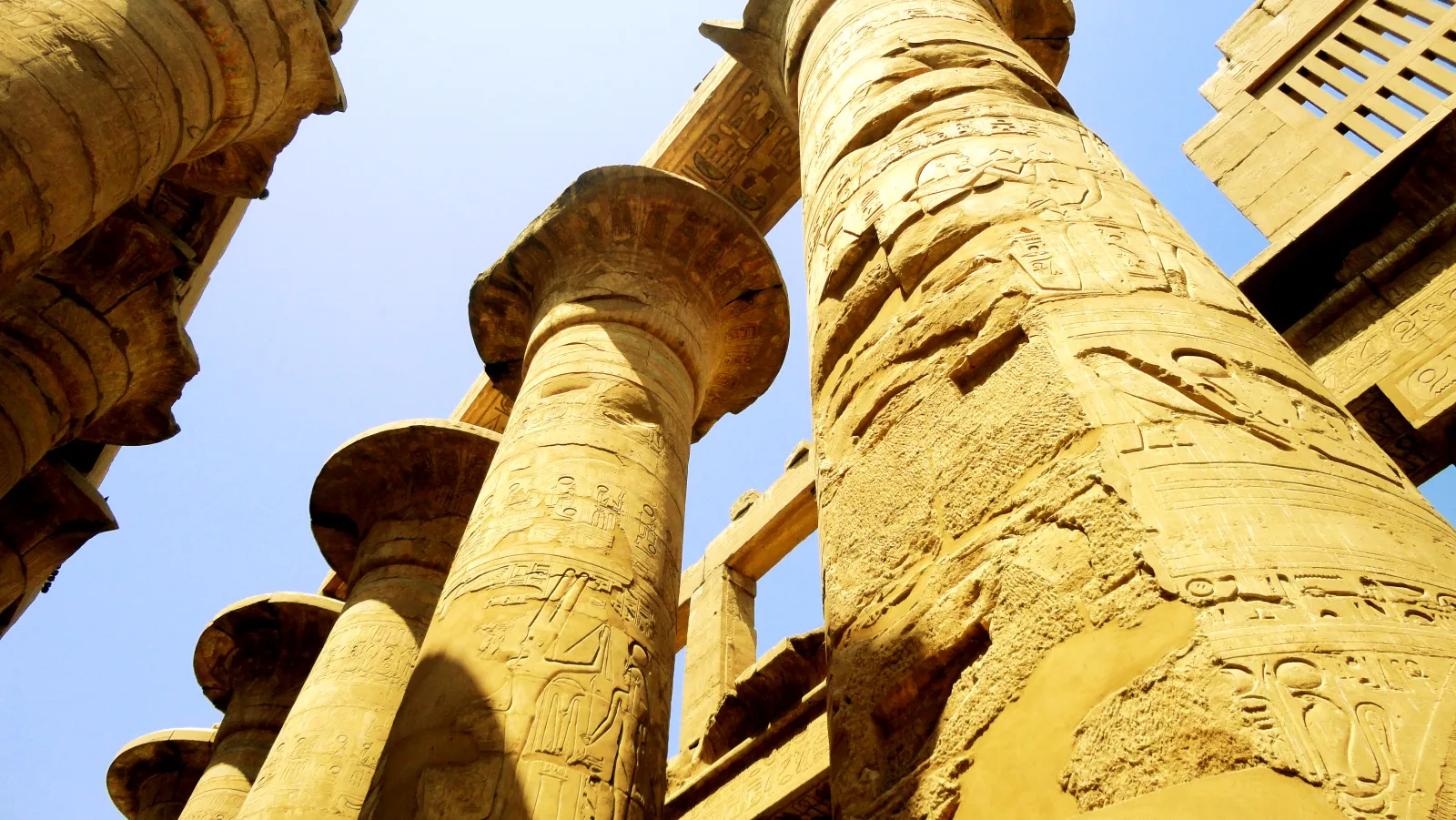 Carved columns of the Great Hypostyle Hall at Karnak Temple, Luxor